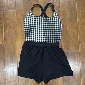 VTG Jantzen One Piece Modest Bathing Suit Womens 18W Gingham Black Shorts Swim
